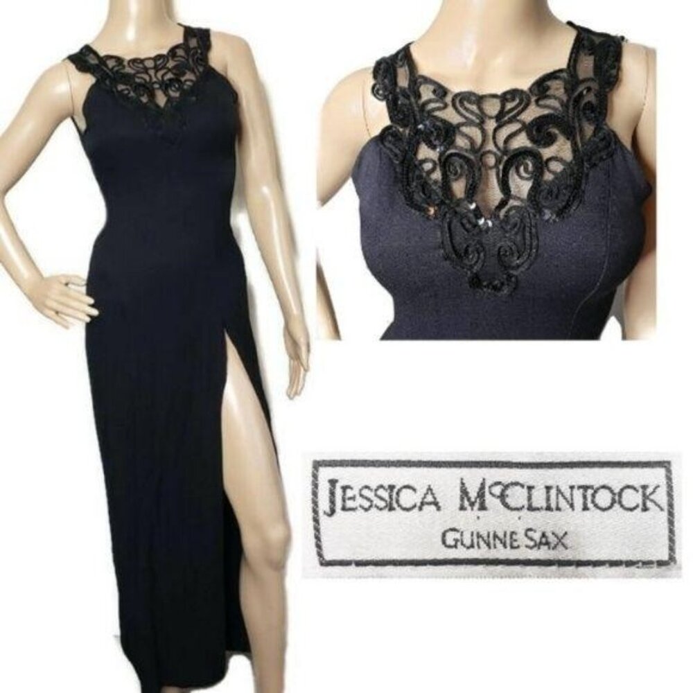 Jessica McClintock Gunne Sax vintage Black Evening Gown Lace and Side Slit sz 4